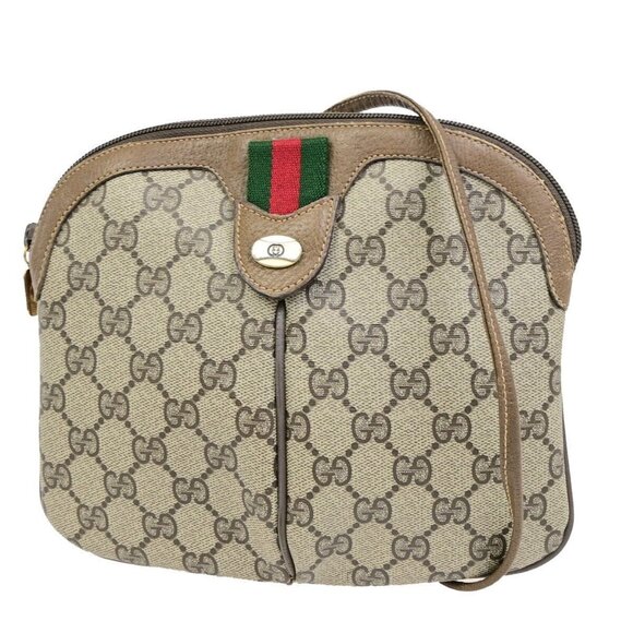 GUCCI Logo Sherry GG Pattern Shoulder Bag PVC Leather Brown Gold Italy 64ED914 - Picture 1 of 16